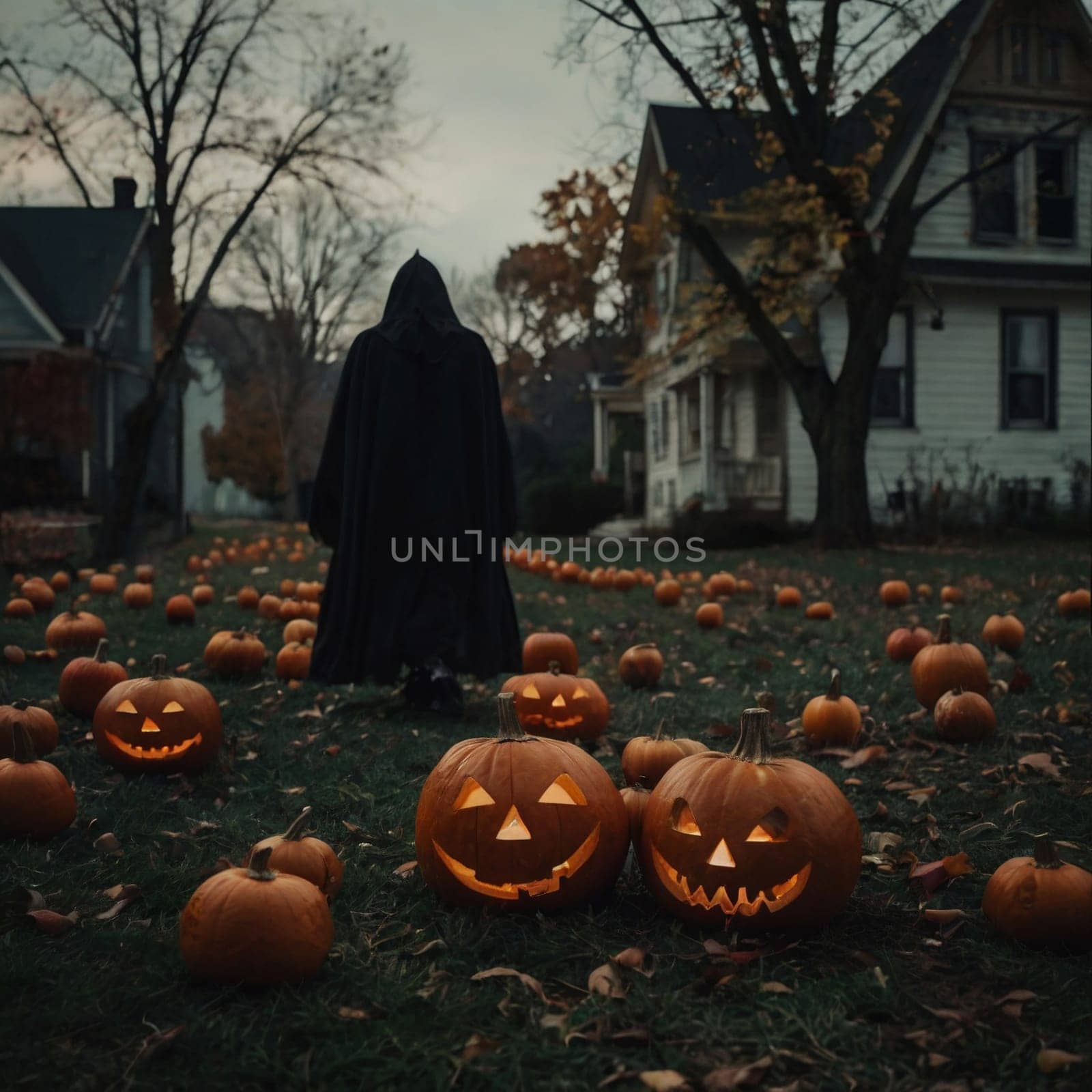 Halloween glowing pumpkins in a dark courtyard with candles. Good Quality. A tall figure in a black cloak walks through a gloomy garden.