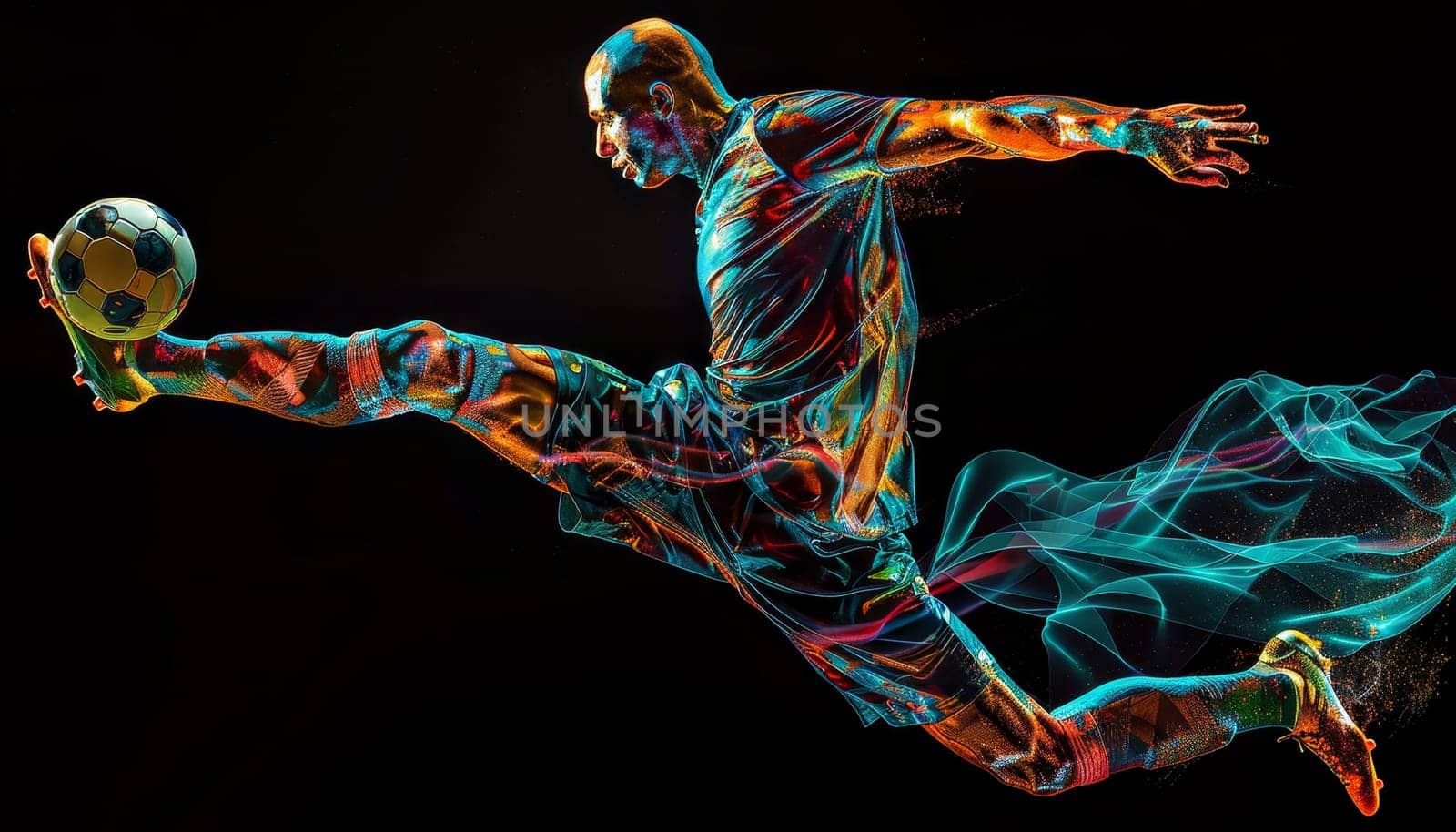 A man in a colorful outfit is kicking a soccer ball by AI generated image by wichayada