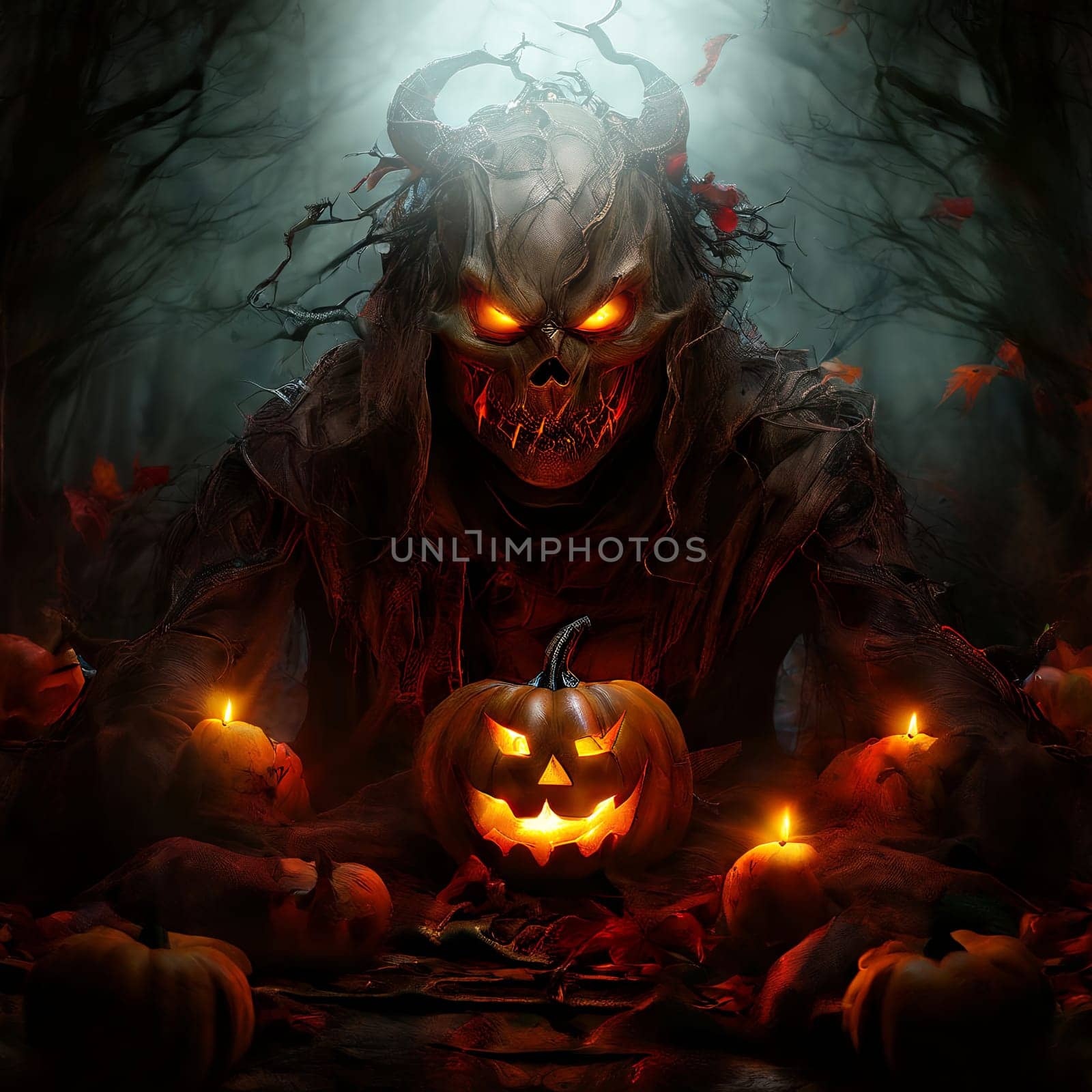 Creepy masked figure with glowing eyes among Halloween pumpkins. Good Quality