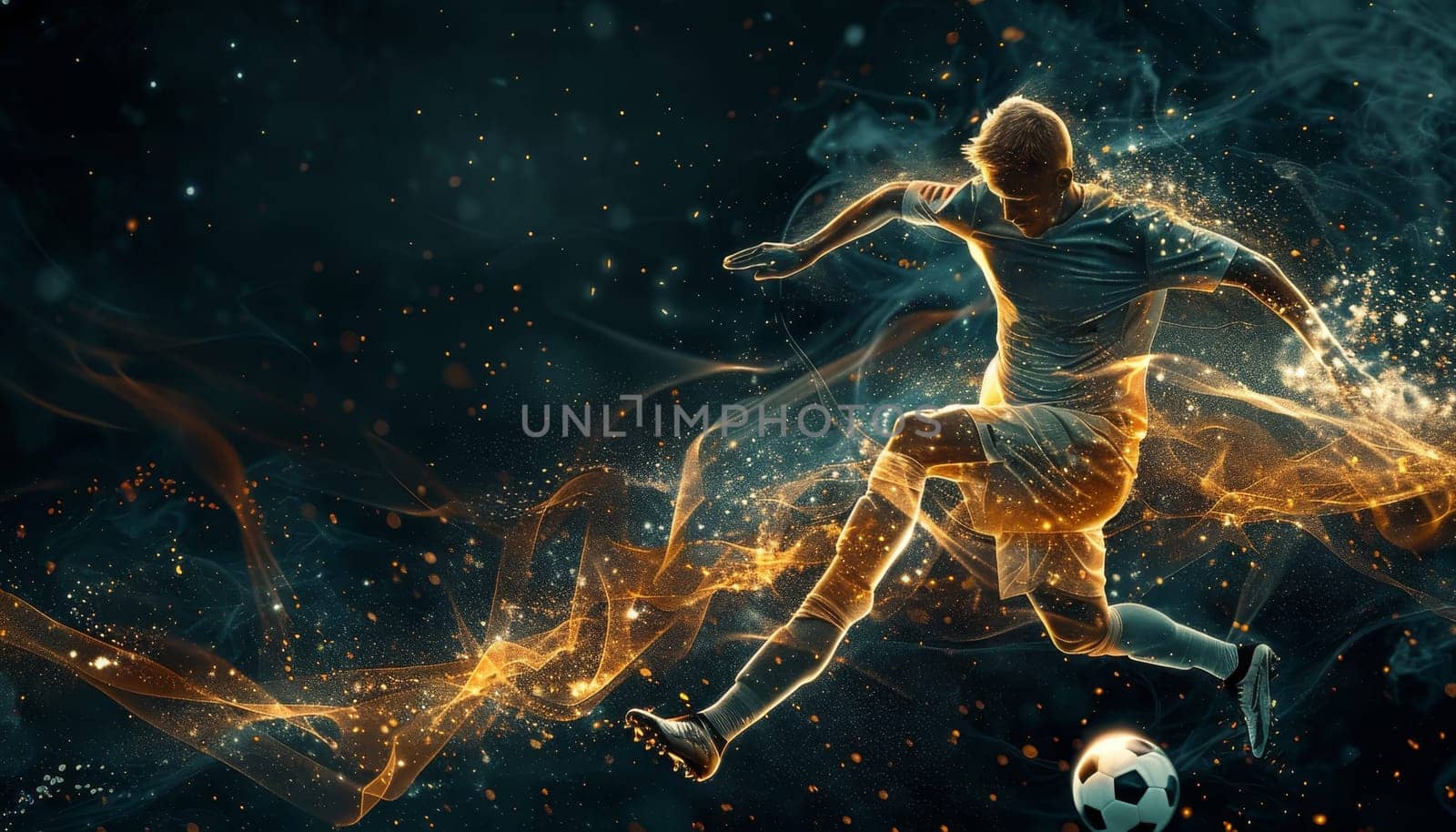 A man in a colorful outfit is kicking a soccer ball by AI generated image by wichayada