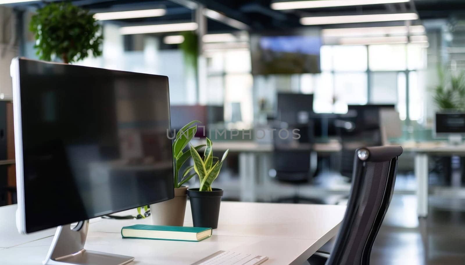 A computer monitor sits on a wooden desk in a room with a potted plant and a vase. The room is well-lit and has a modern, professional feel