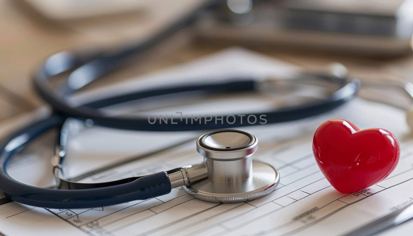 A stethoscope is on top of a medical chart with a heart on it.