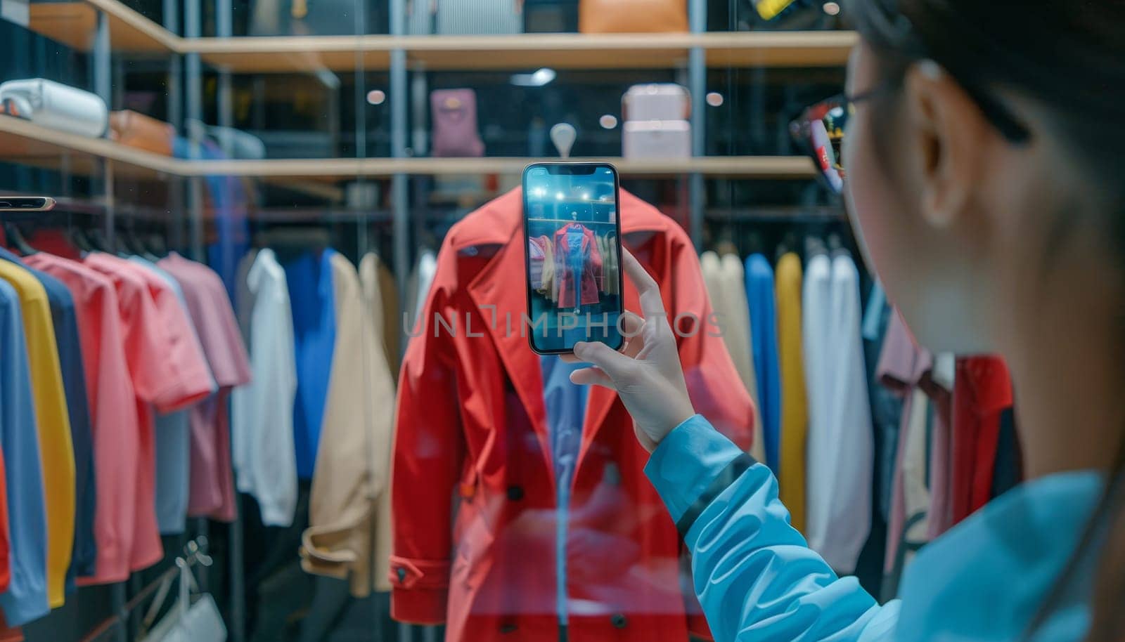 A woman is taking a picture of a red jacket in a store by AI generated image by wichayada