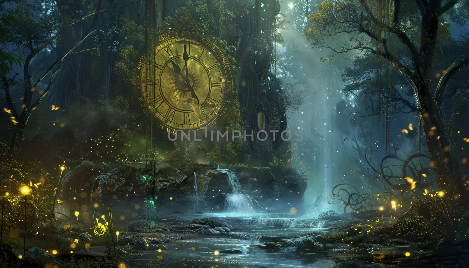 A forest with a large clock in the middle by AI generated image by wichayada