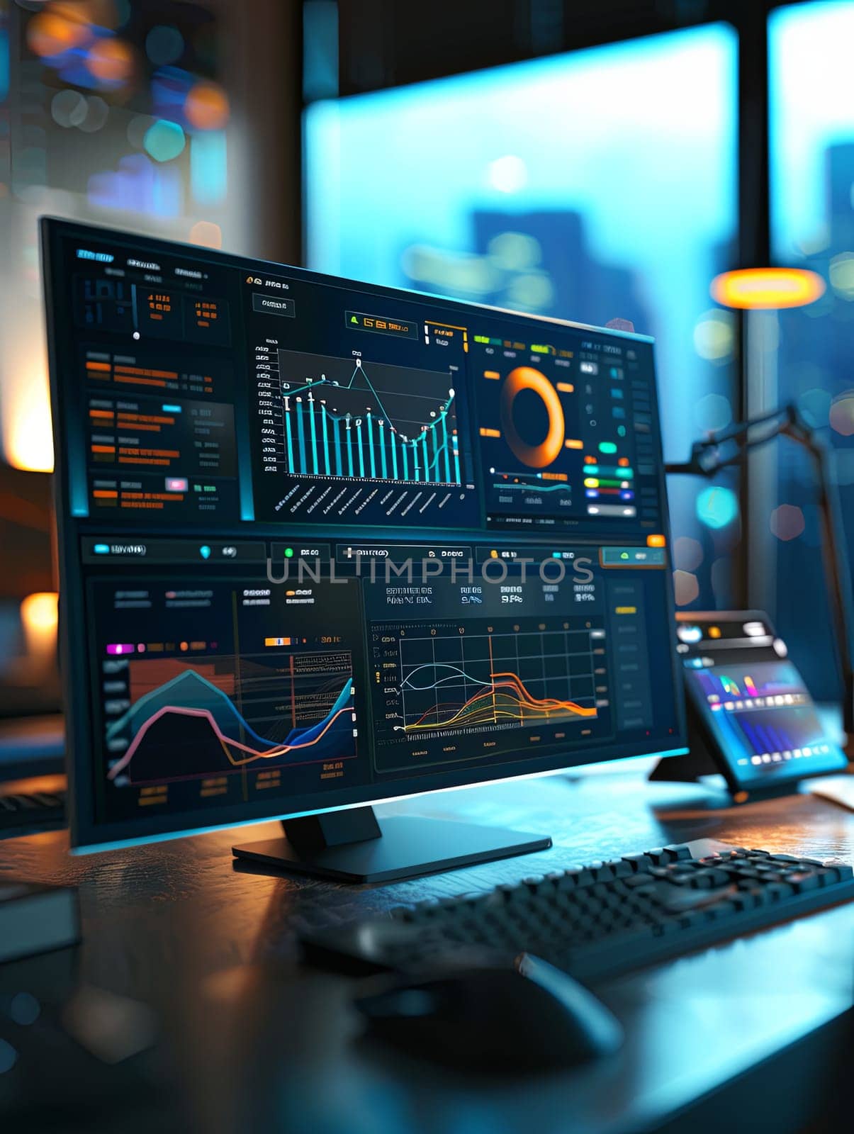 A sleek and modern computer monitor displays an advanced analytics dashboard powered by AI, showcasing data visualizations in a professional office environment.