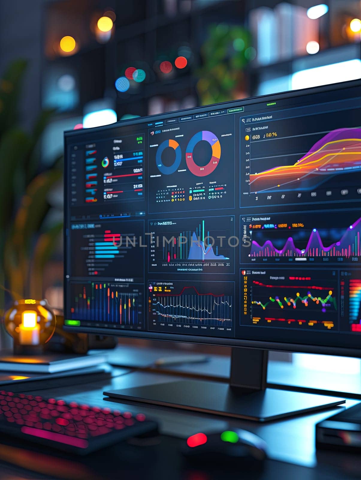 A sophisticated analytical dashboard on a computer screen in an office environment. Charts, graphs, and data insights are displayed, processed by AI.