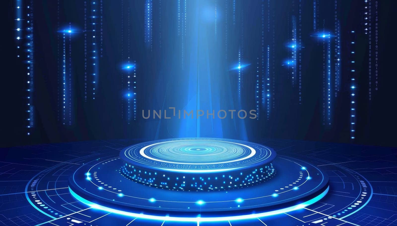 A blue lighted stage with a blue background and a blue object in the center by AI generated image by wichayada