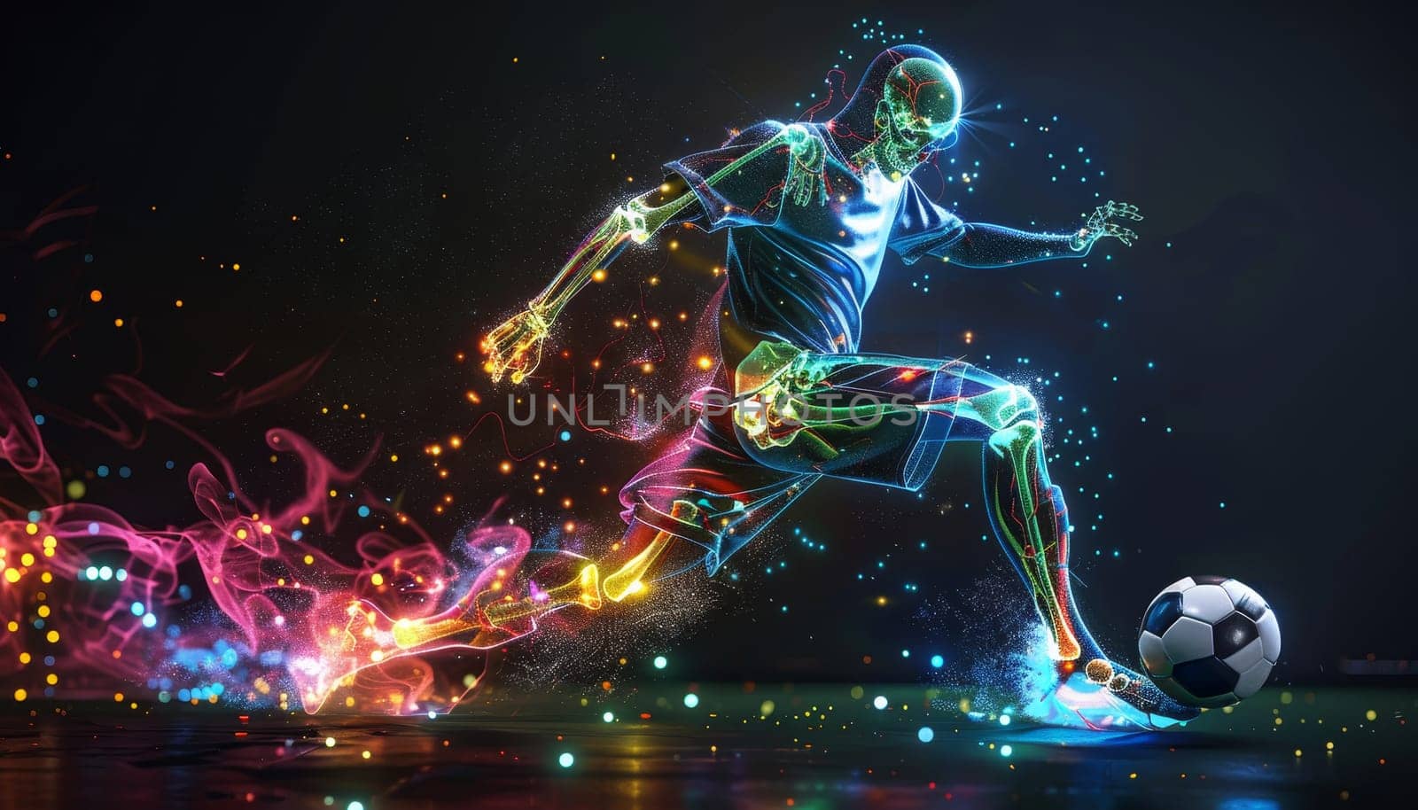 A man in a colorful outfit is kicking a soccer ball by AI generated image by wichayada