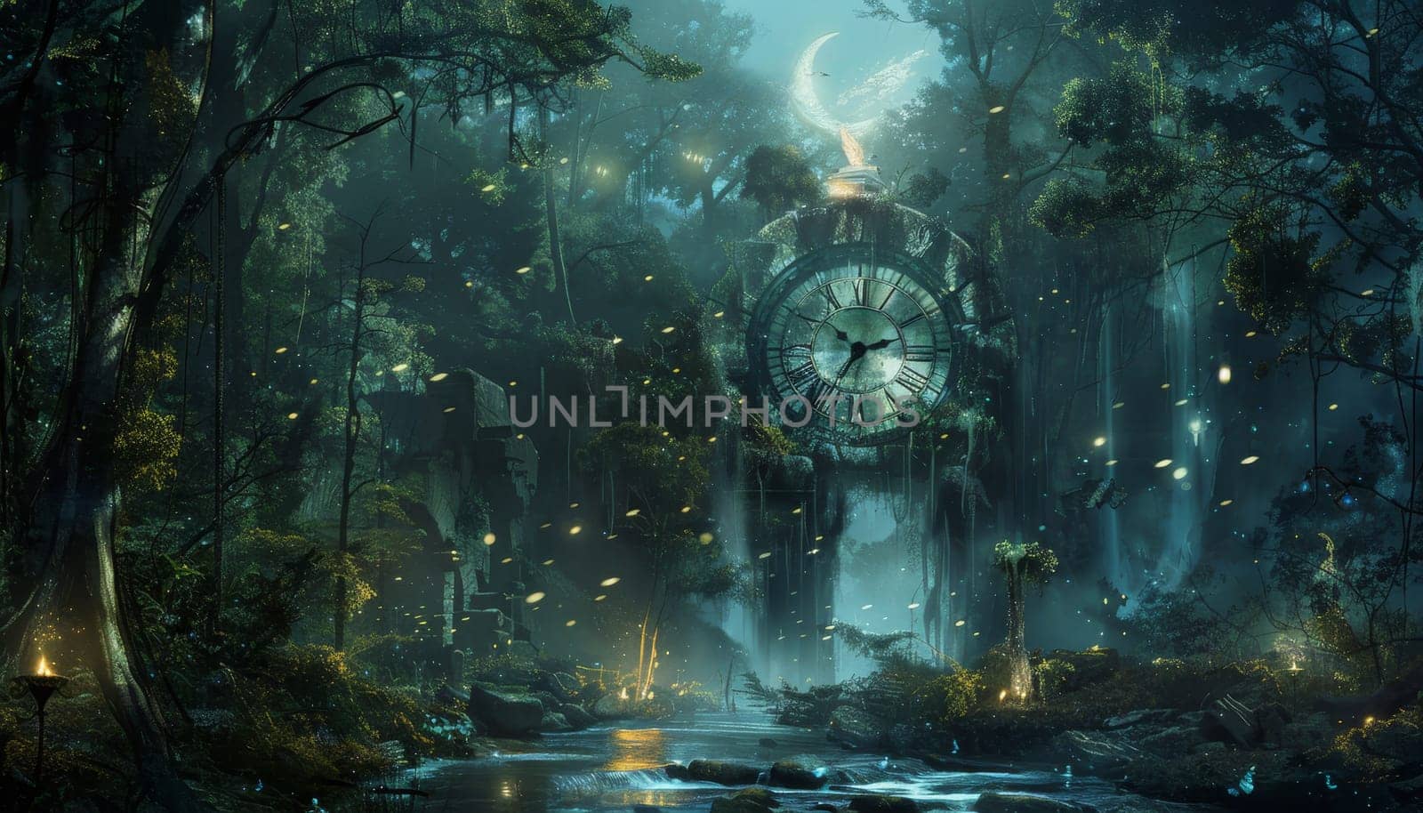 A clock tower in a forest with a clock that is set at 10:00 by AI generated image by wichayada