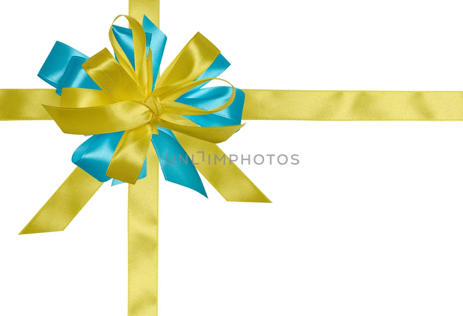 A yellow satin bow tied at the intersection of two ribbons. A yellow tag is attached to the bow. Isolated background