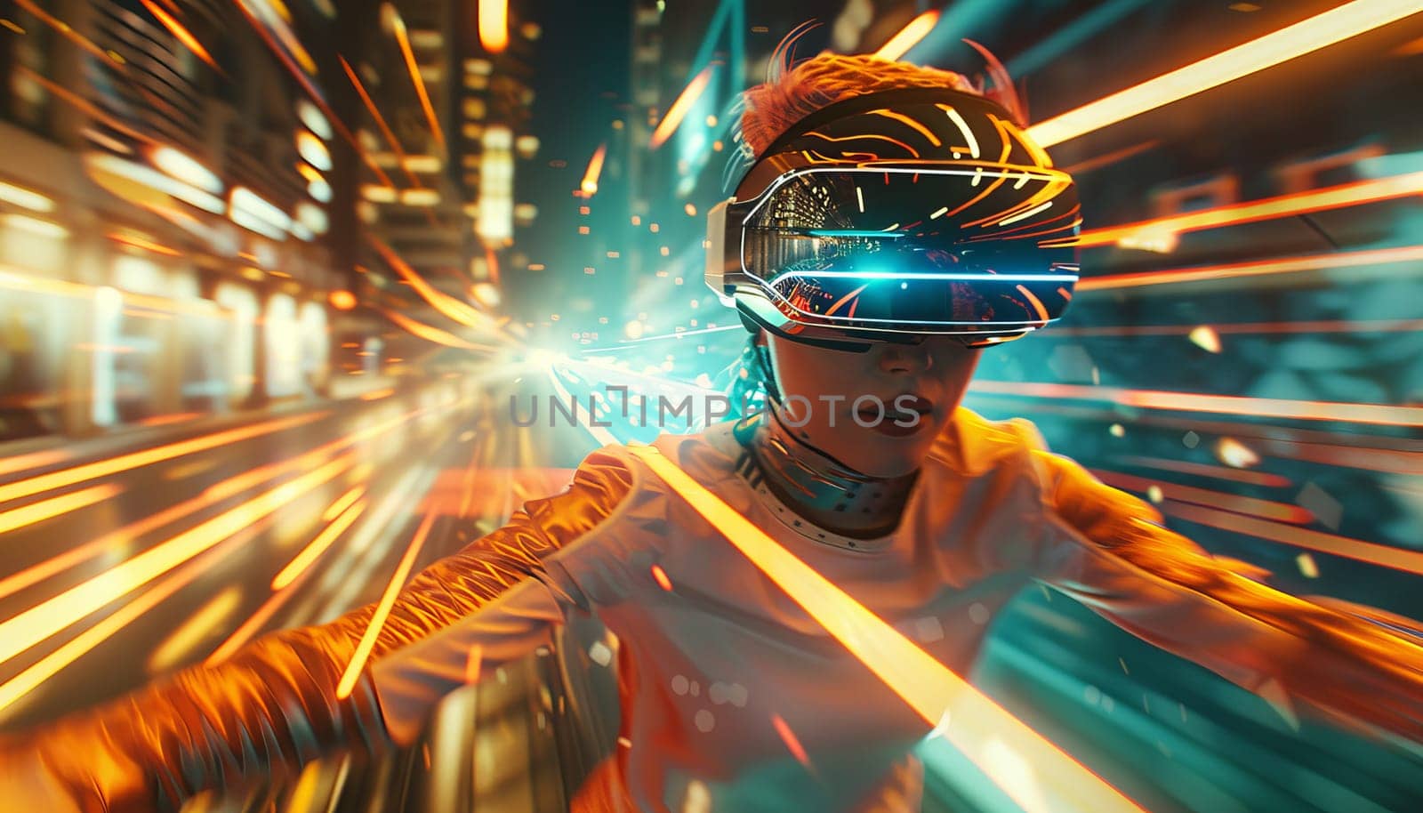 A woman in a virtual reality headset is riding a motorcycle by AI generated image.