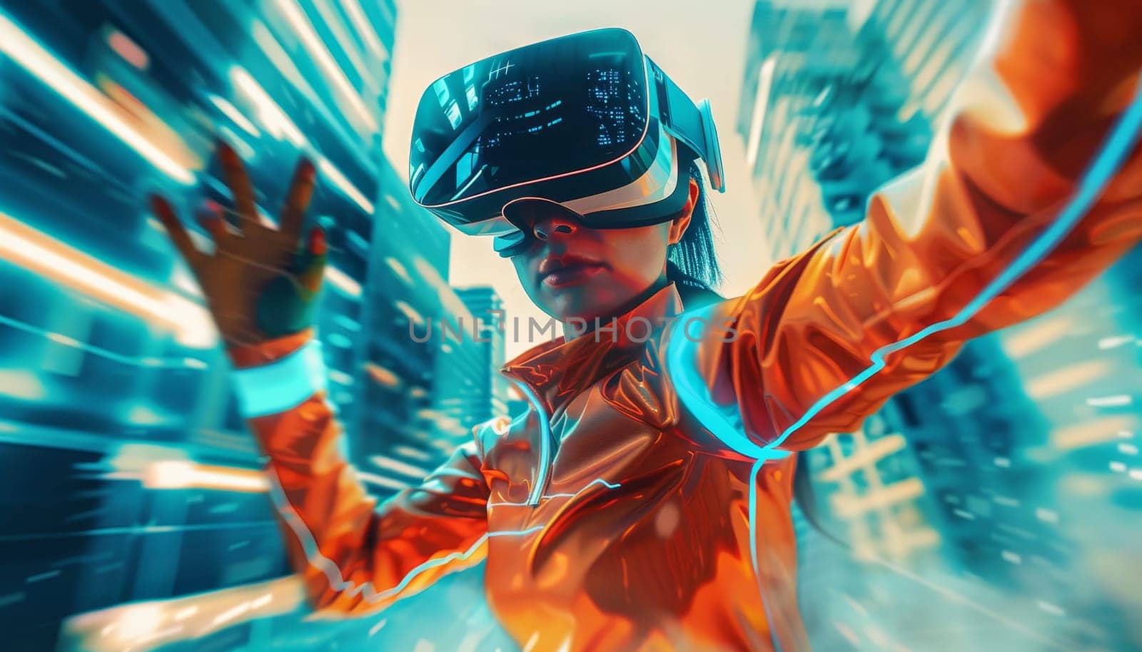 A woman in a virtual reality headset is riding a motorcycle by AI generated image.