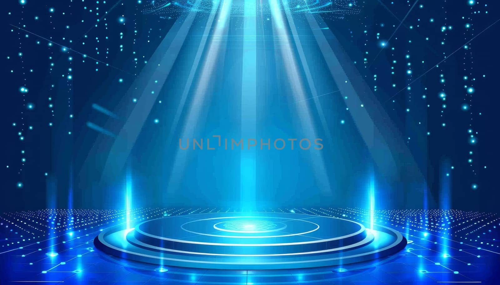 A blue lighted stage with a blue background and a blue object in the center by AI generated image by wichayada