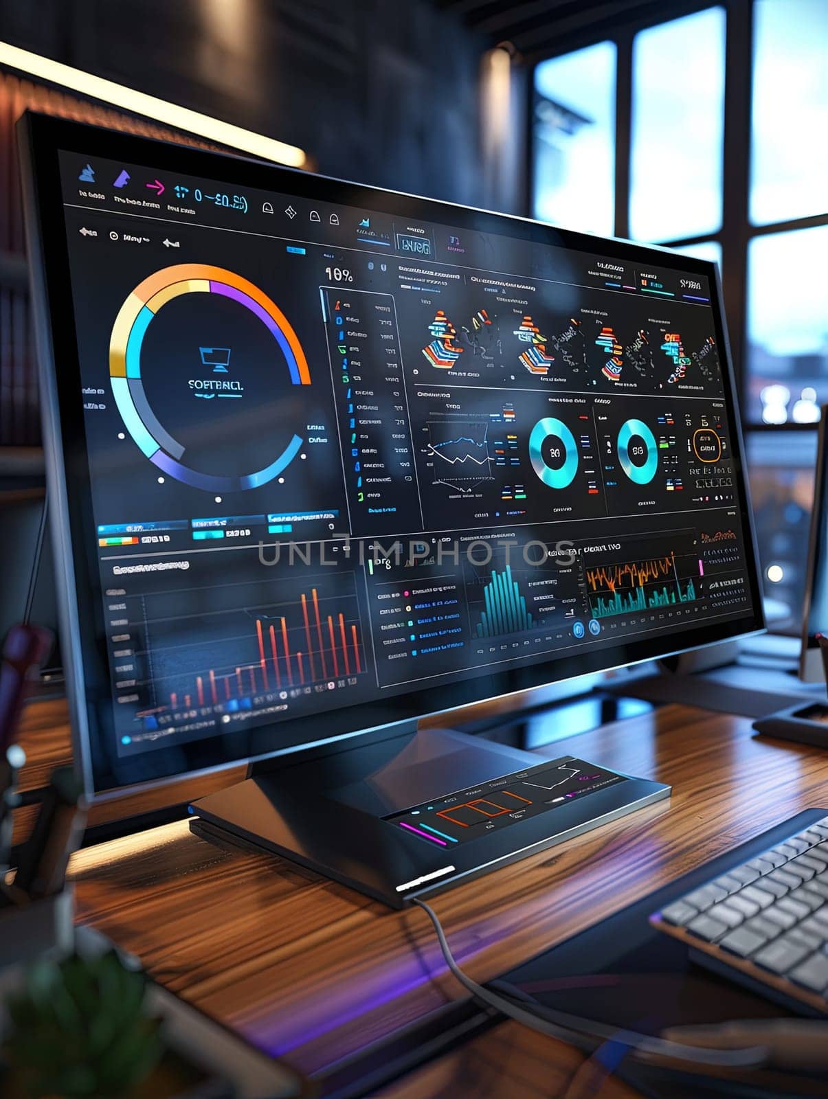 A sleek and modern analytical dashboard on a desktop computer in a professional office setting displays various charts and graphs powered by AI.