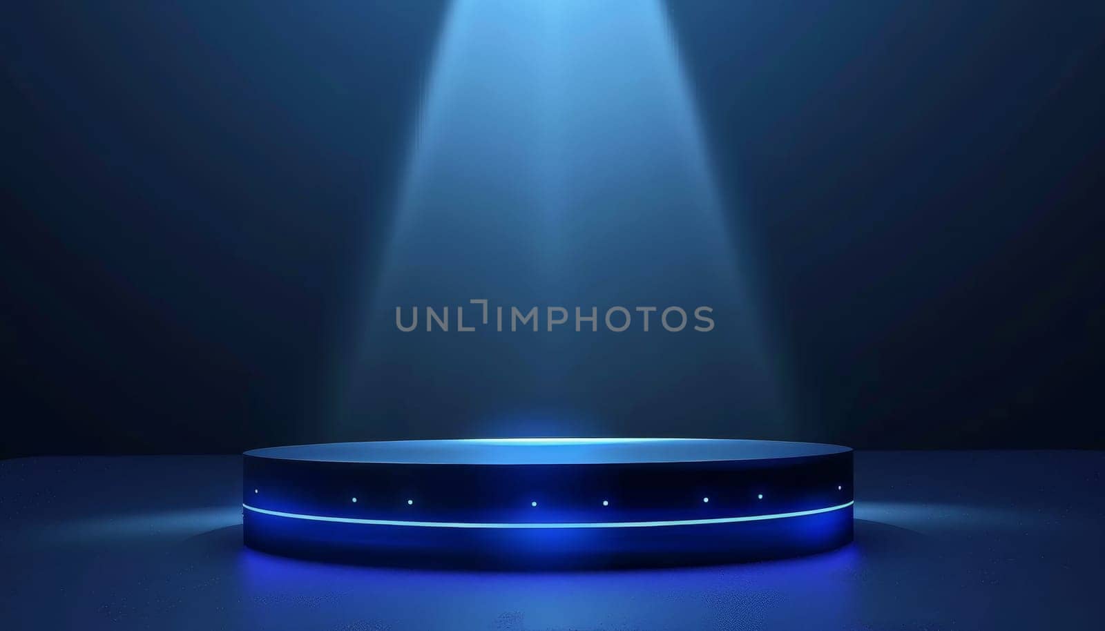 A blue lighted stage with a blue background and a blue object in the center by AI generated image by wichayada