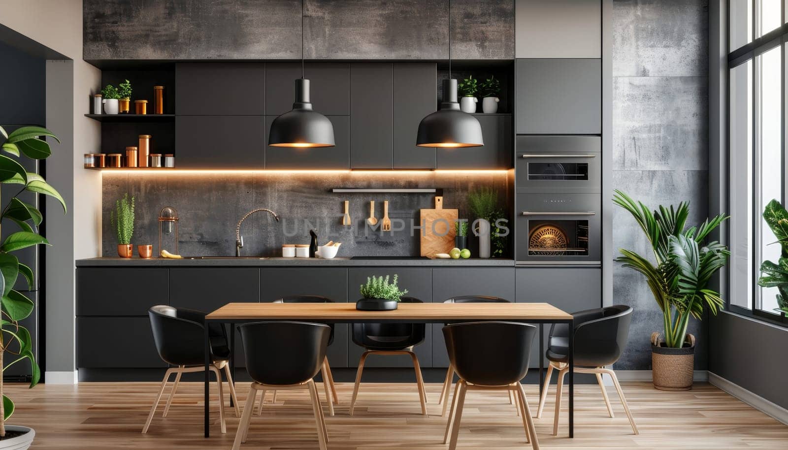 A modern kitchen with a black countertop and black cabinets. The kitchen has a black table with four chairs around it. There are potted plants in the kitchen, one on the left side