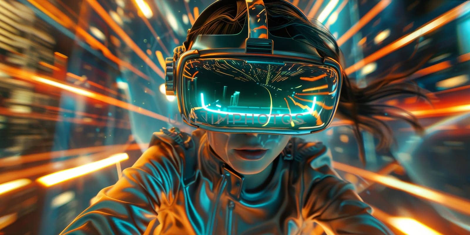 A woman in a virtual reality headset is riding a motorcycle by AI generated image by wichayada