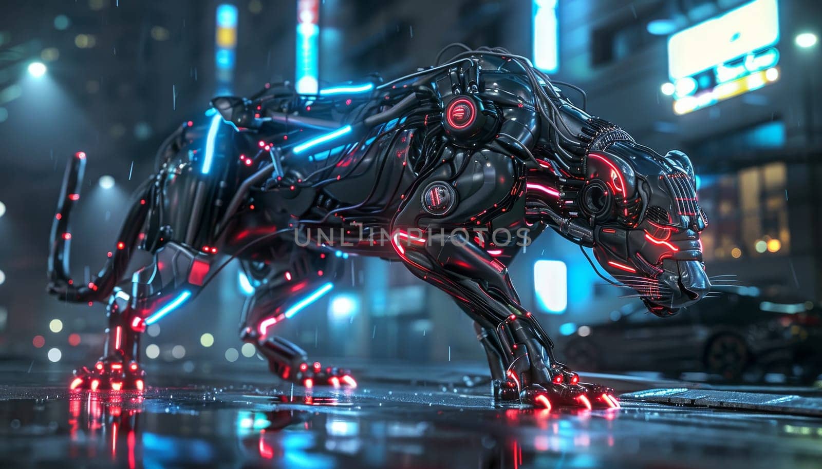 A robot cat with glowing red eyes and glowing red claws by AI generated image by wichayada