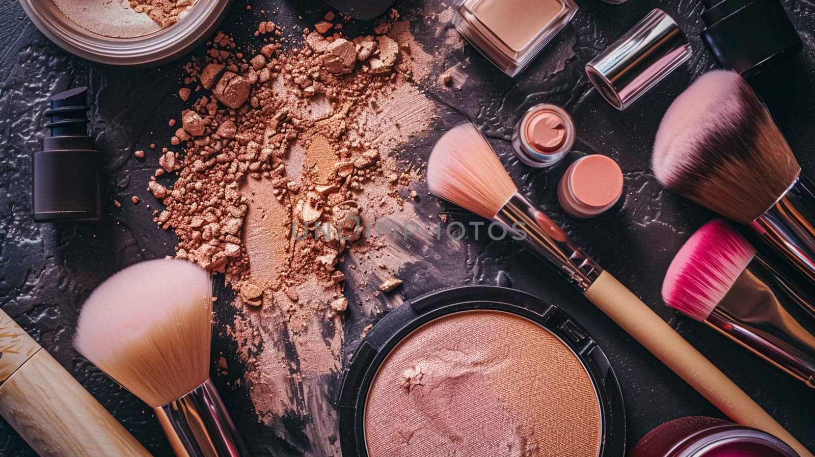 Make-up cosmetic product, beauty products and cosmetics swatch sample flatlay, various makeup brand tools as glamour fashion night out background idea