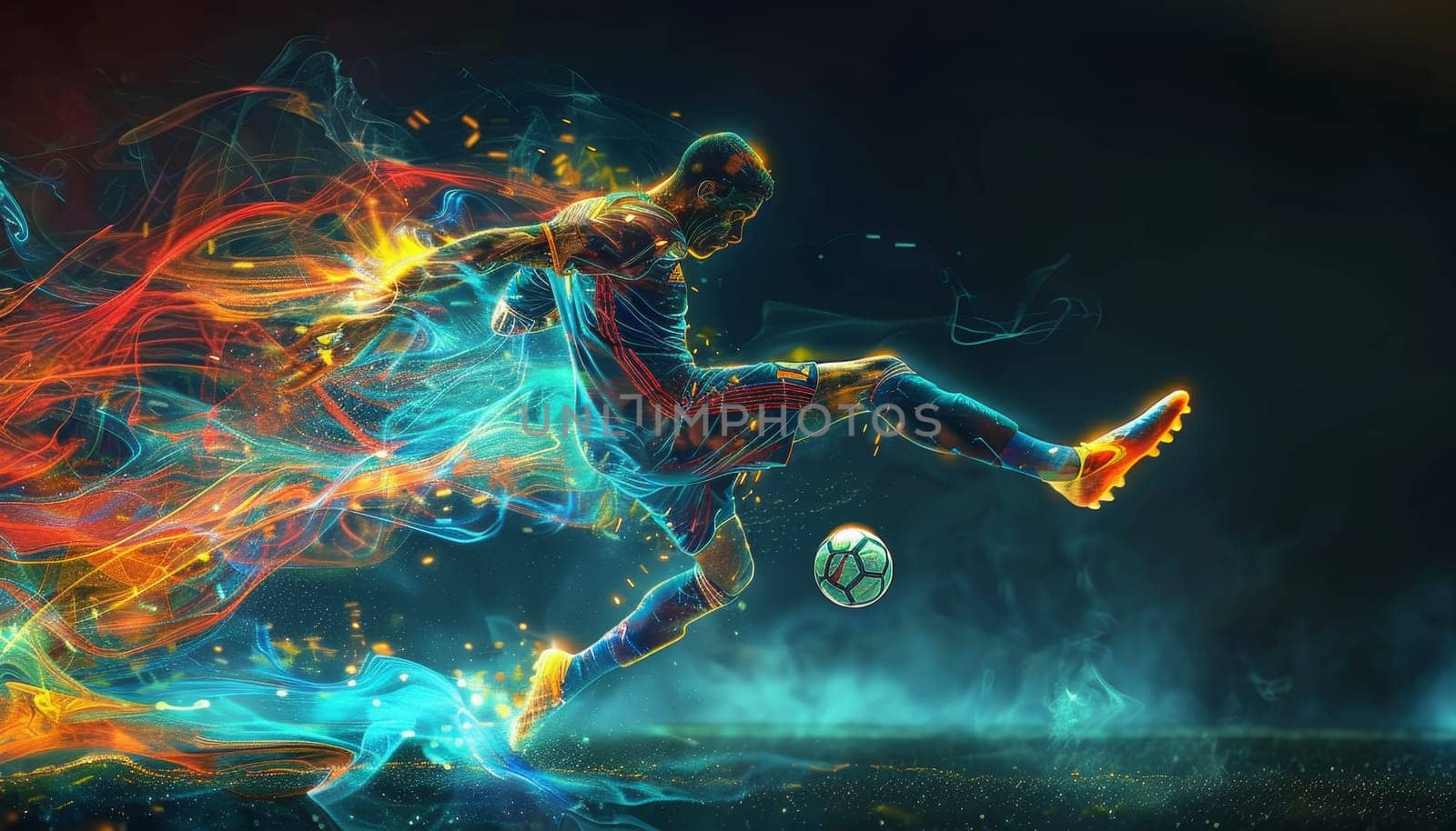 A man in a soccer uniform kicks a soccer ball in a colorful, swirling background by AI generated image by wichayada