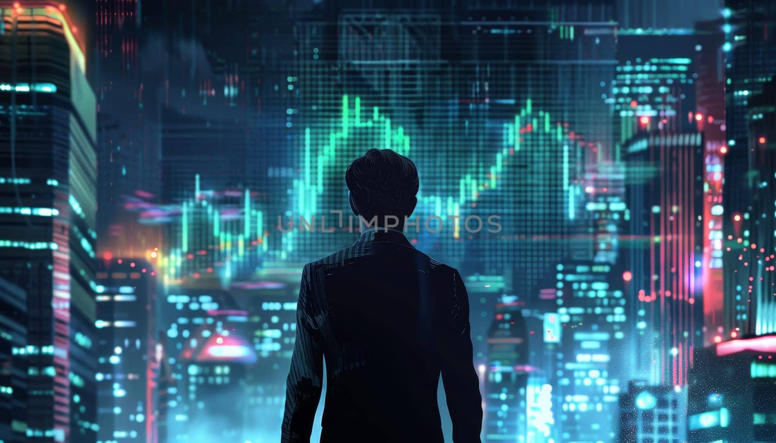 A man stands in front of a city skyline with a large screen displaying a graph by AI generated image by wichayada