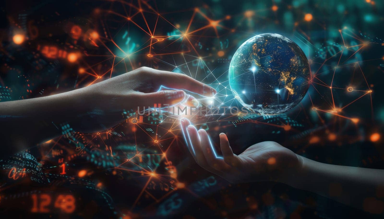 A hand is reaching out to touch a globe by AI generated image by wichayada