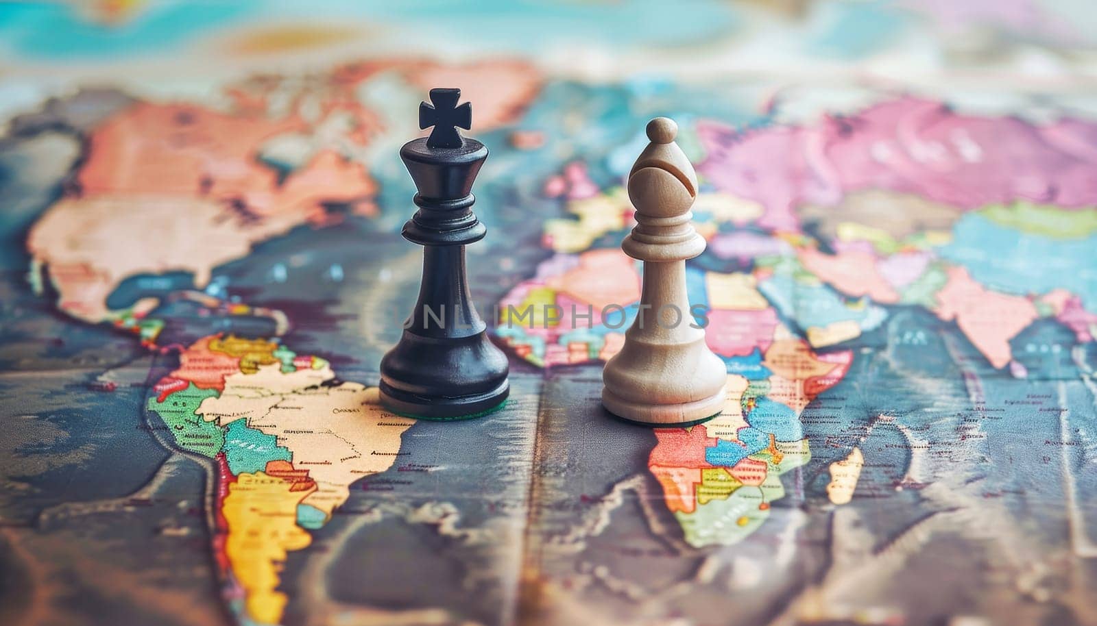 Two chess pieces are on a map of the world. The chess pieces are black and are positioned on the map in such a way that they are facing each other