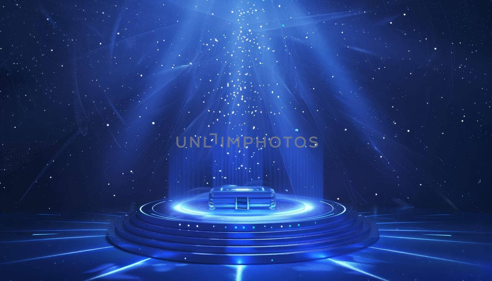 A blue lighted stage with a blue background and a blue object in the center by AI generated image by wichayada