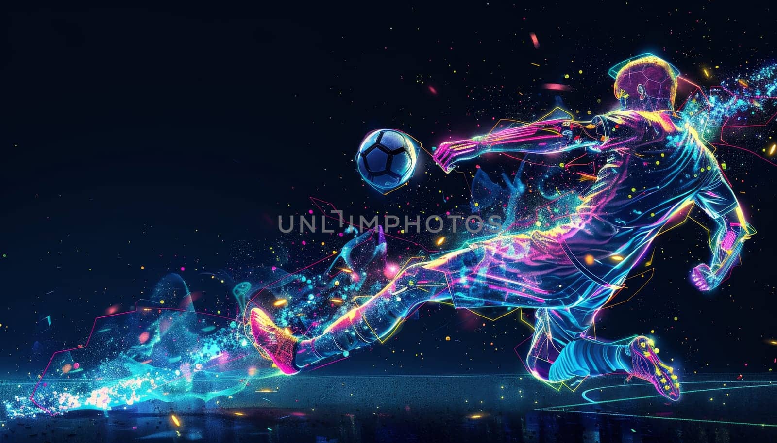 A man in a colorful outfit is kicking a soccer ball by AI generated image by wichayada