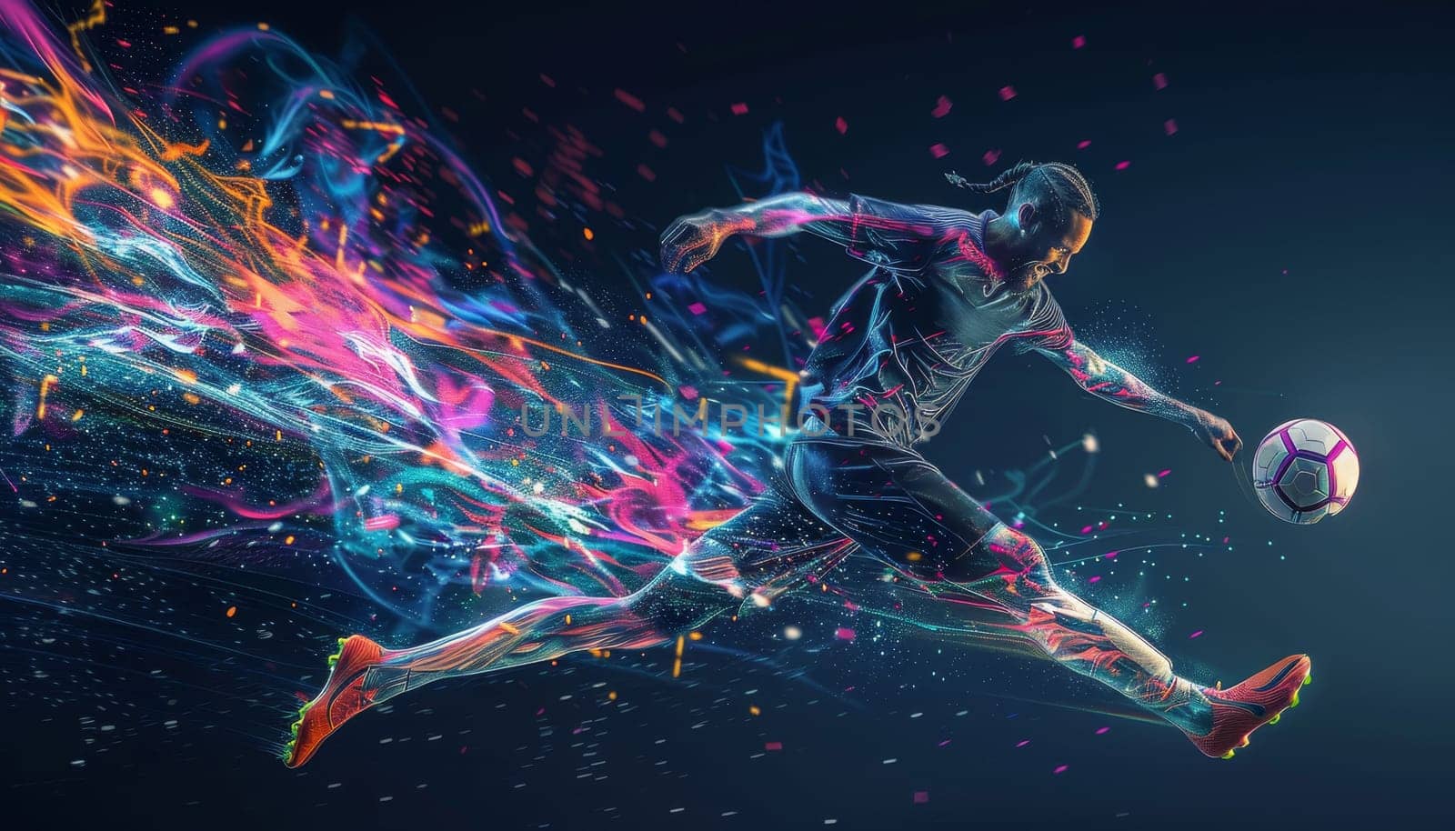 A man is kicking a soccer ball in a colorful, abstract background by AI generated image by wichayada