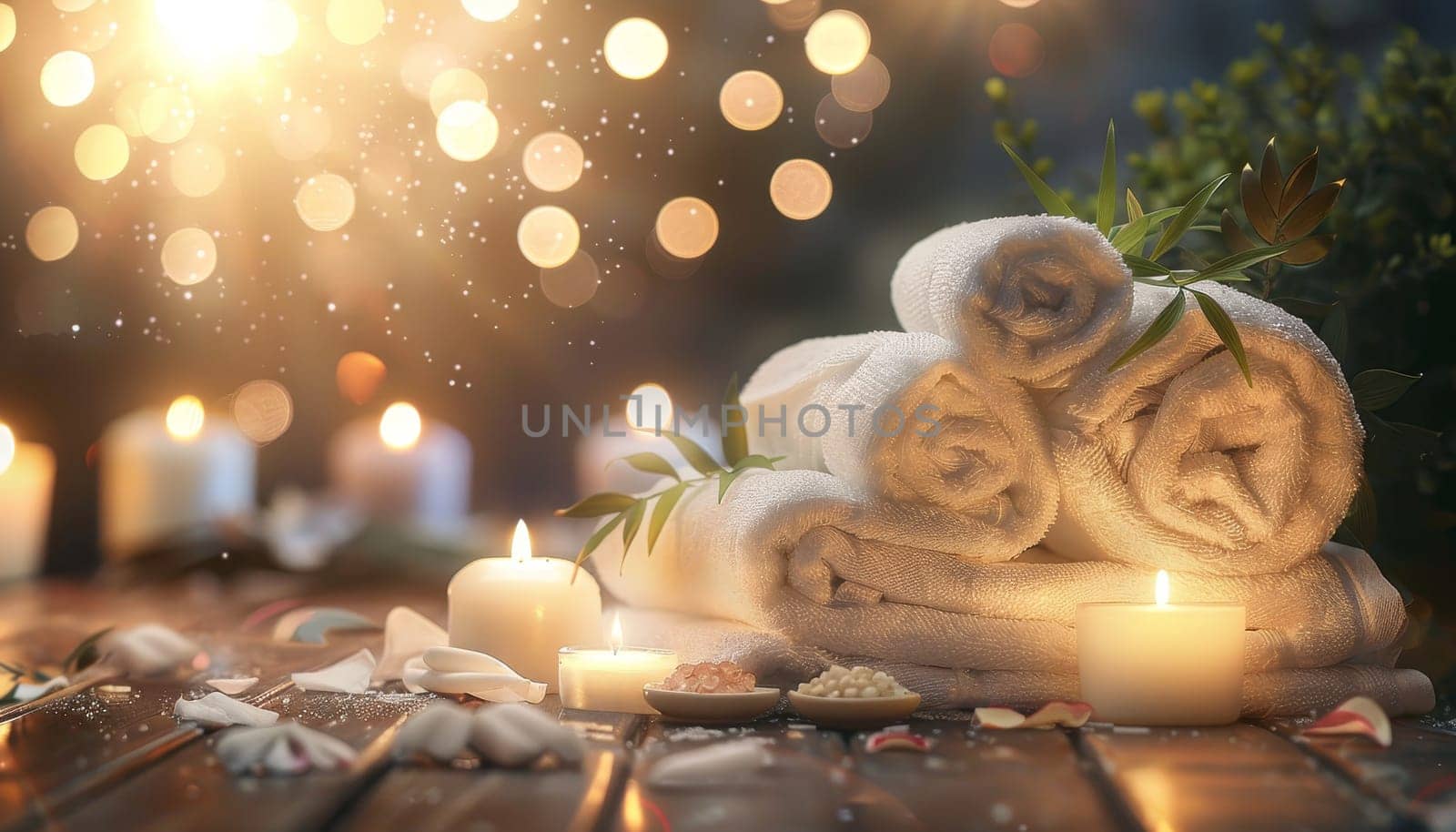 A table with three white towels and two candles by AI generated image by wichayada