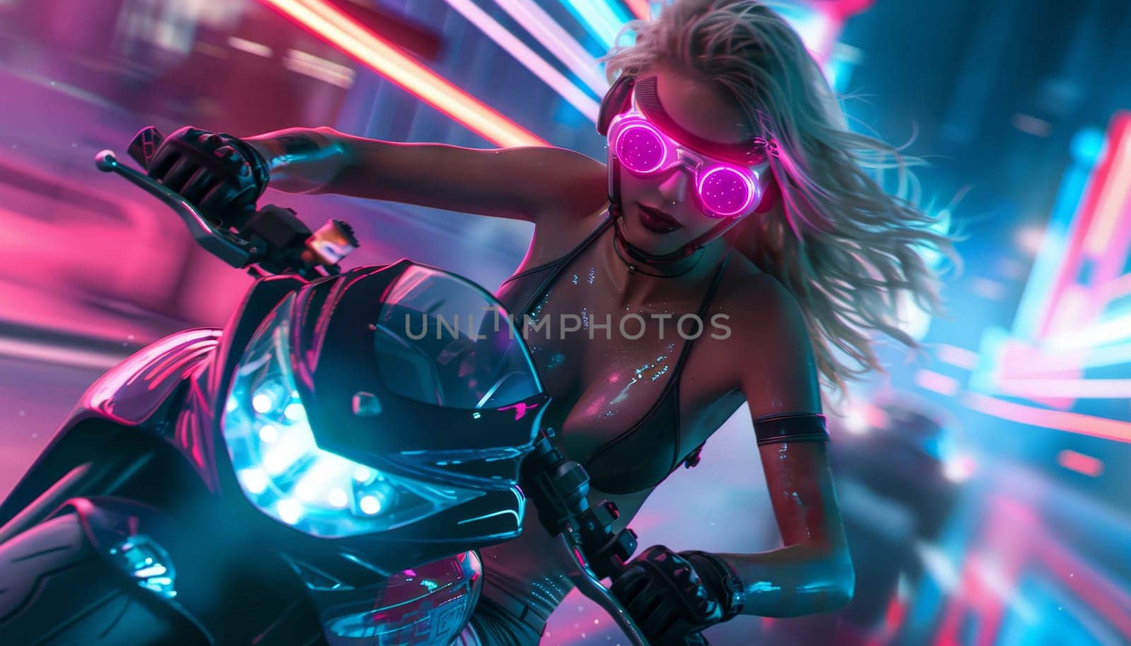 A woman is riding a motorcycle with neon lights and a black top by AI generated image by wichayada