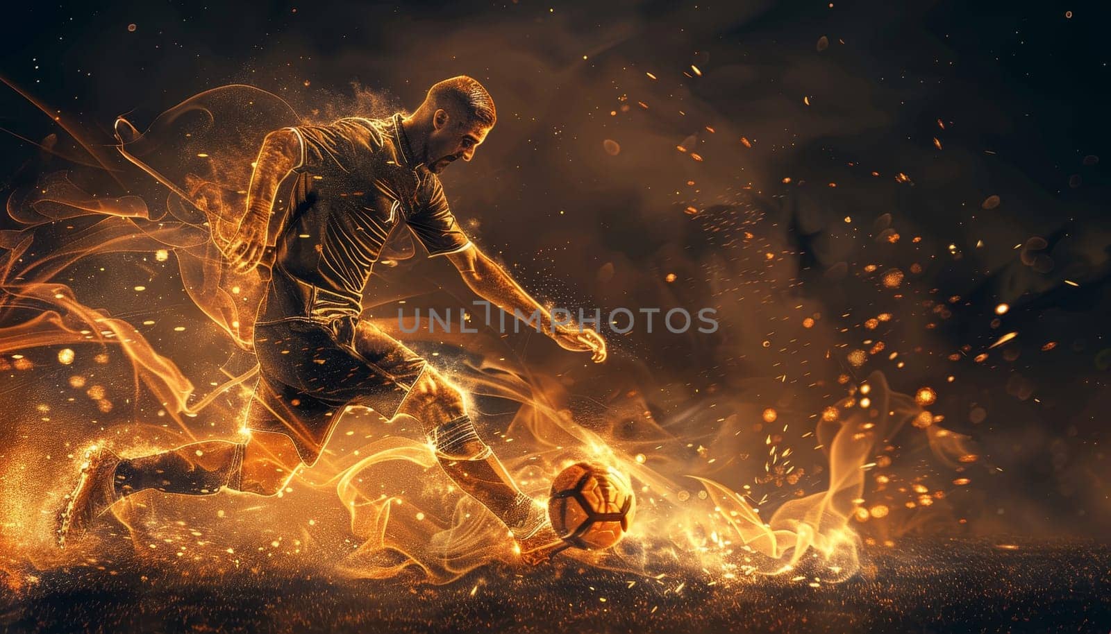 A man kicking a soccer ball in a fiery, glowing environment by AI generated image by wichayada