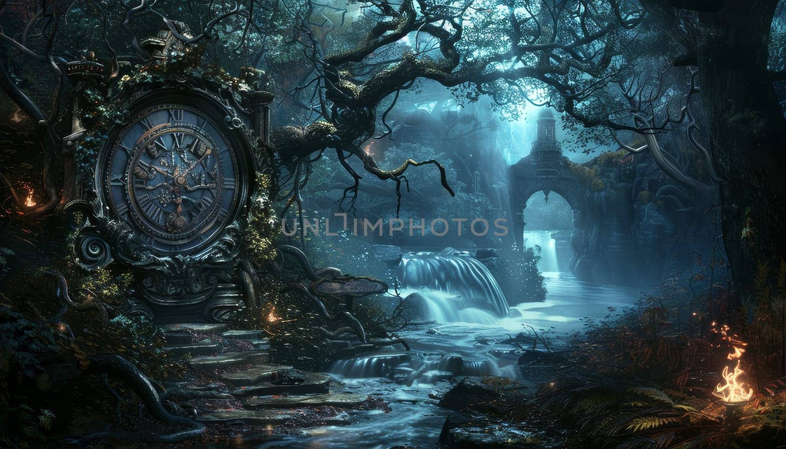 A dark forest with a large clock tower in the middle by AI generated image by wichayada