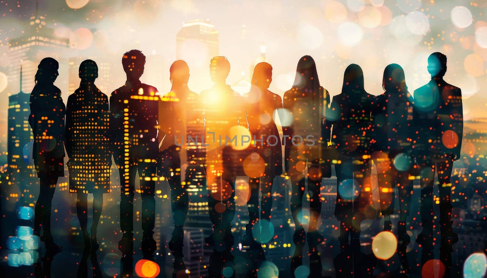 A group of four people are standing on a rooftop in a city at night by AI generated image.