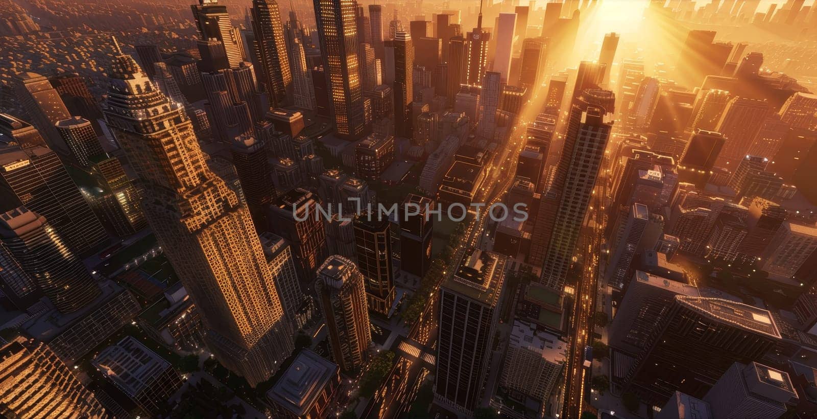 A cityscape with a bright orange sun shining on it by AI generated image.