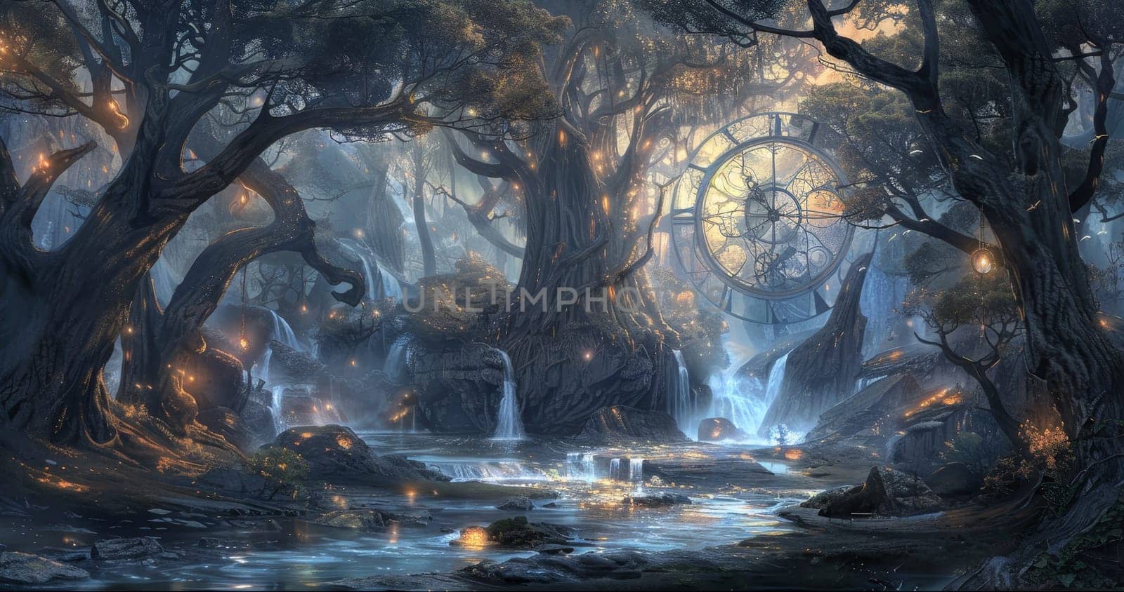 A dark forest with a large clock tower in the middle by AI generated image by wichayada