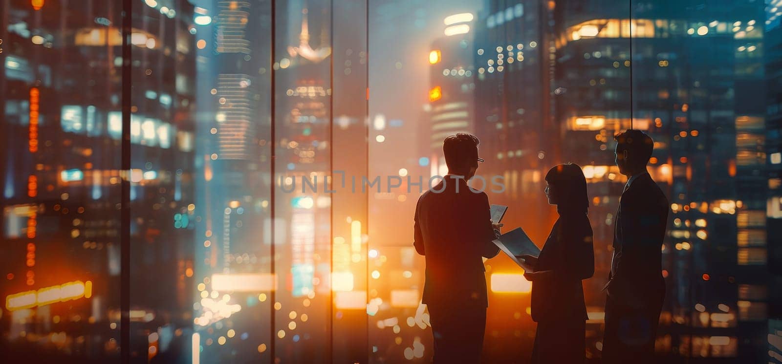 Three people are standing in a window looking out at the city by AI generated image by wichayada