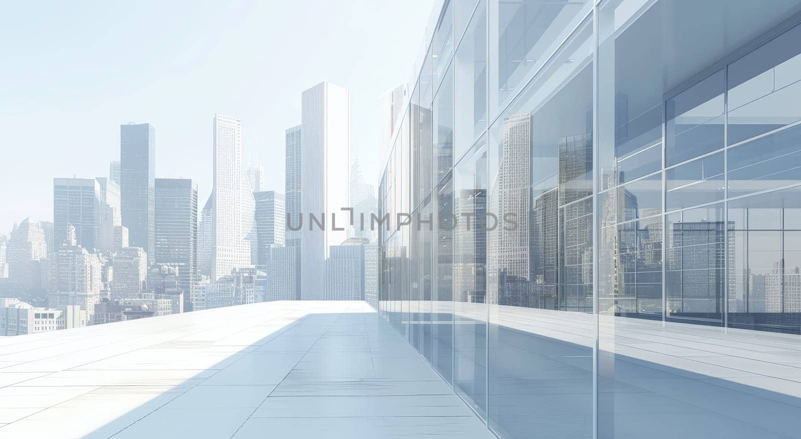 A glass-walled building with a city view in the background by AI generated image.