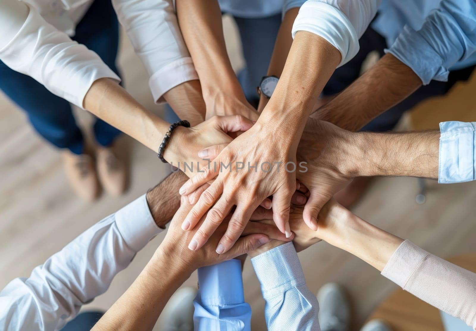 A group of people are holding hands in a circle by AI generated image.