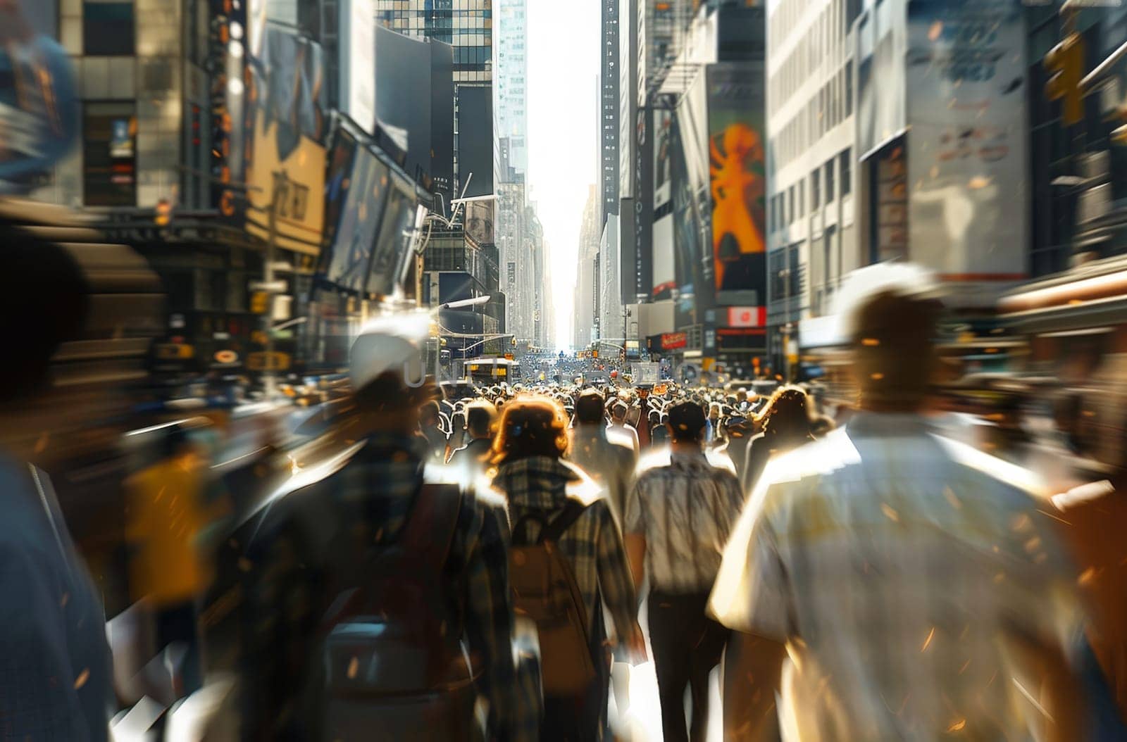 A busy city street with a large crowd of people walking down it by AI generated image.