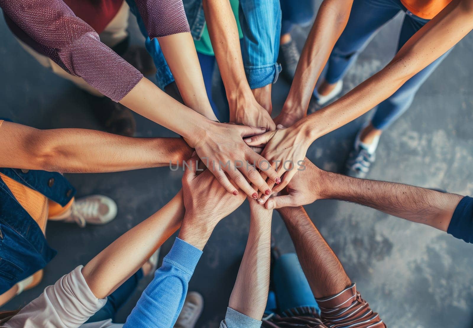 A group of people are holding hands in a circle by AI generated image by wichayada