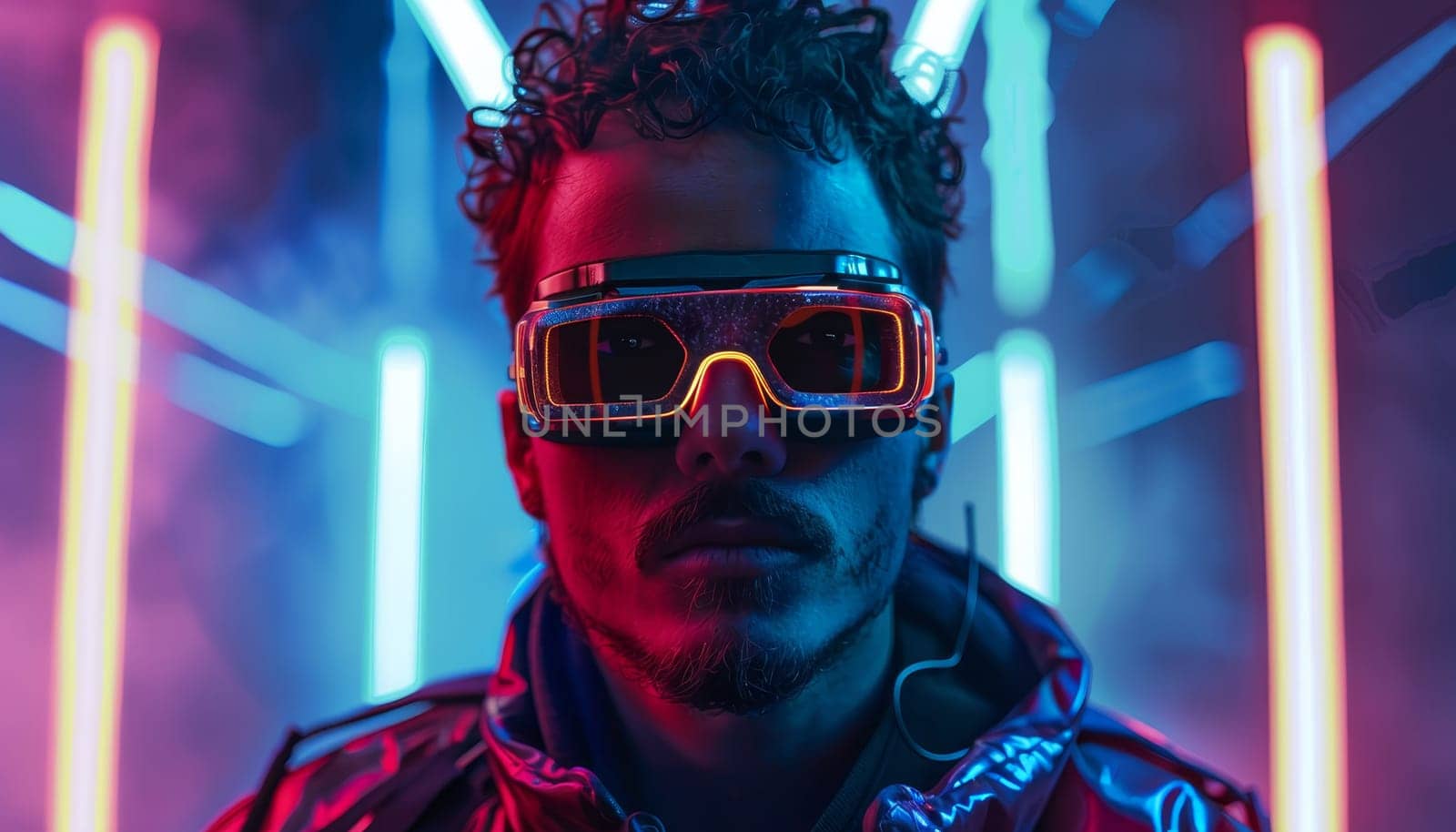 A man wearing glasses and a beard stands in front of a neon sign. The image has a futuristic and vibrant feel to it, with the neon sign adding to the overall atmosphere. The man's facial expression