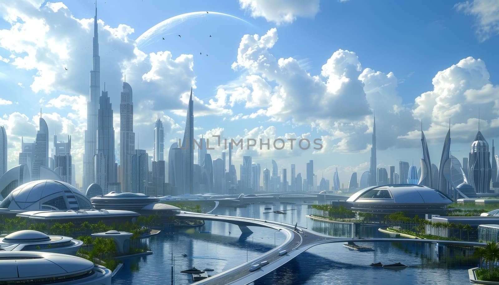 A city with a large skyscraper in the middle and a lot of buildings surrounding it. The sky is blue and there are clouds in the background