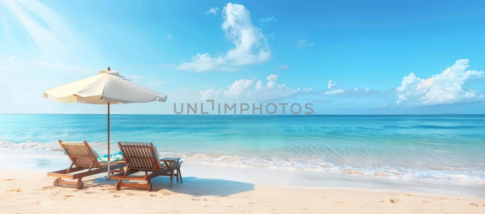 A beach scene with two beach chairs and an umbrella by AI generated image.