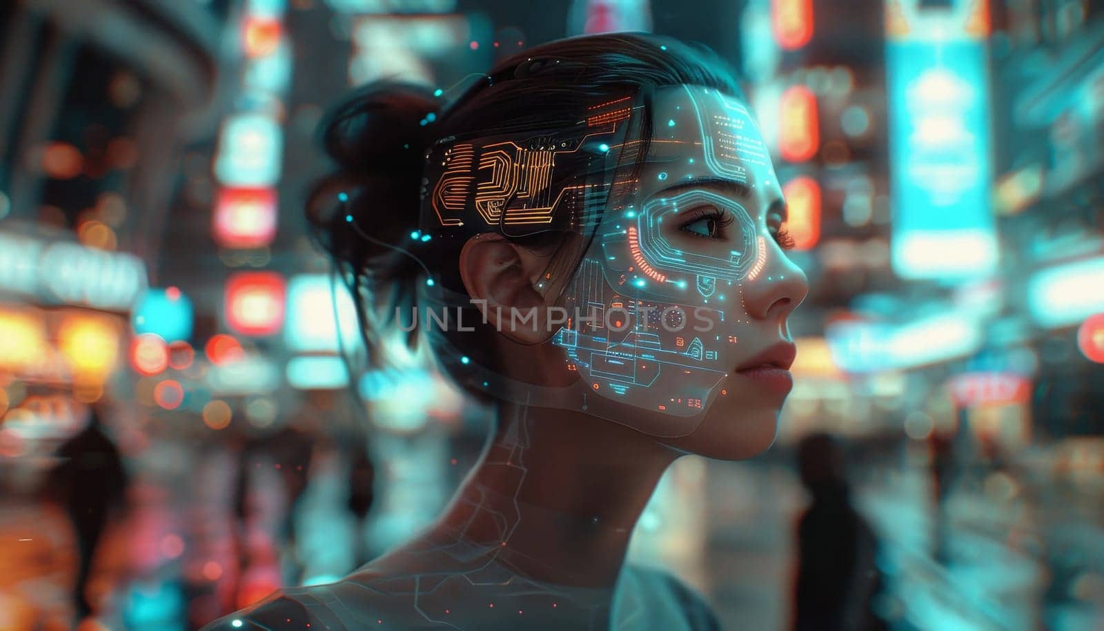 A woman with a face made of computer chips stands in front of a cityscape by AI generated image by wichayada