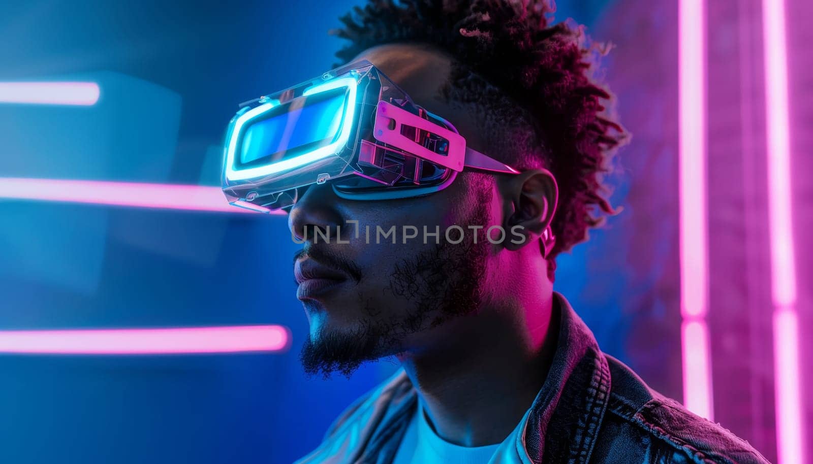 A man wearing glasses and a beard stands in front of a neon sign by AI generated image by wichayada