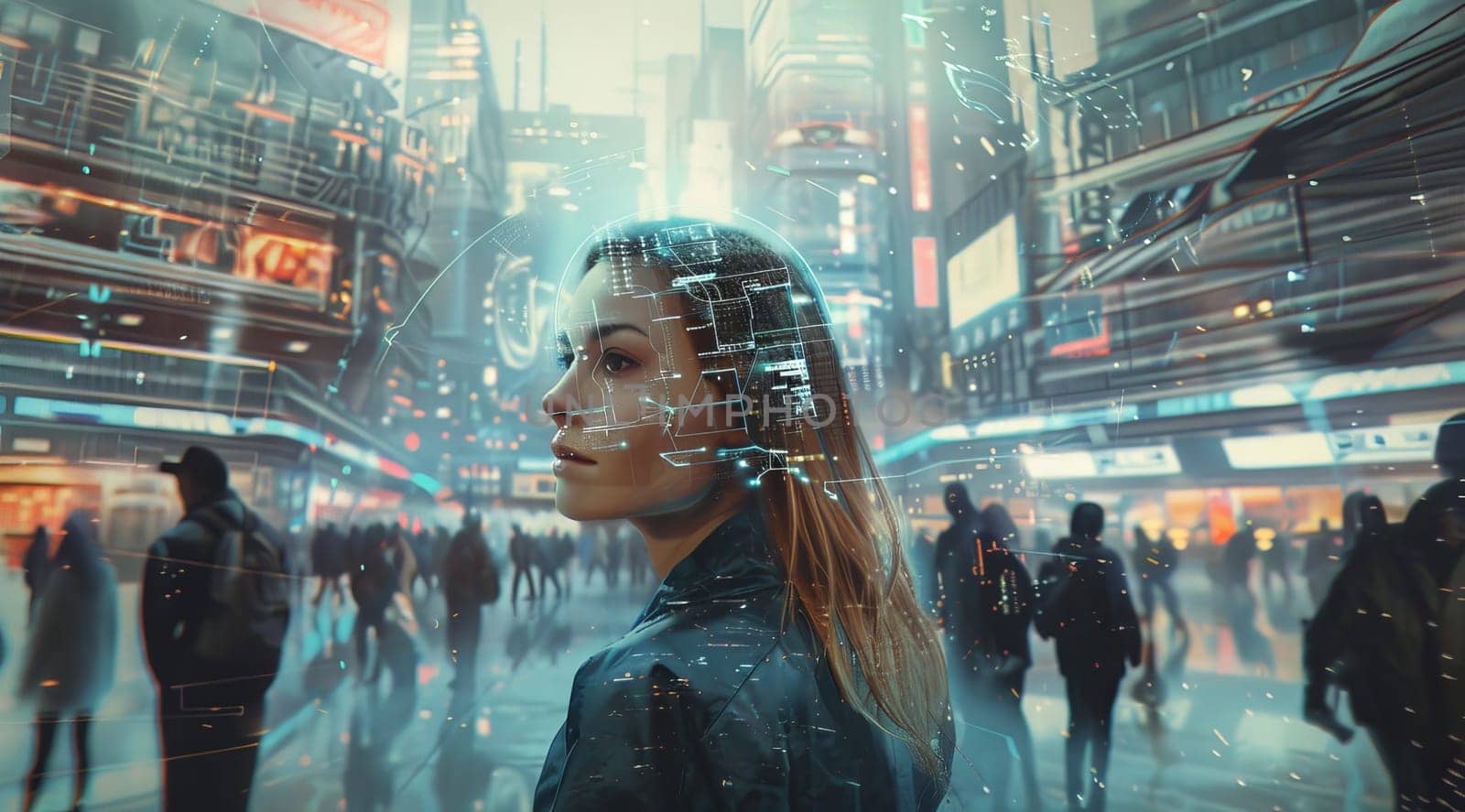 A woman stands in the middle of a busy city street, surrounded by people by AI generated image by wichayada