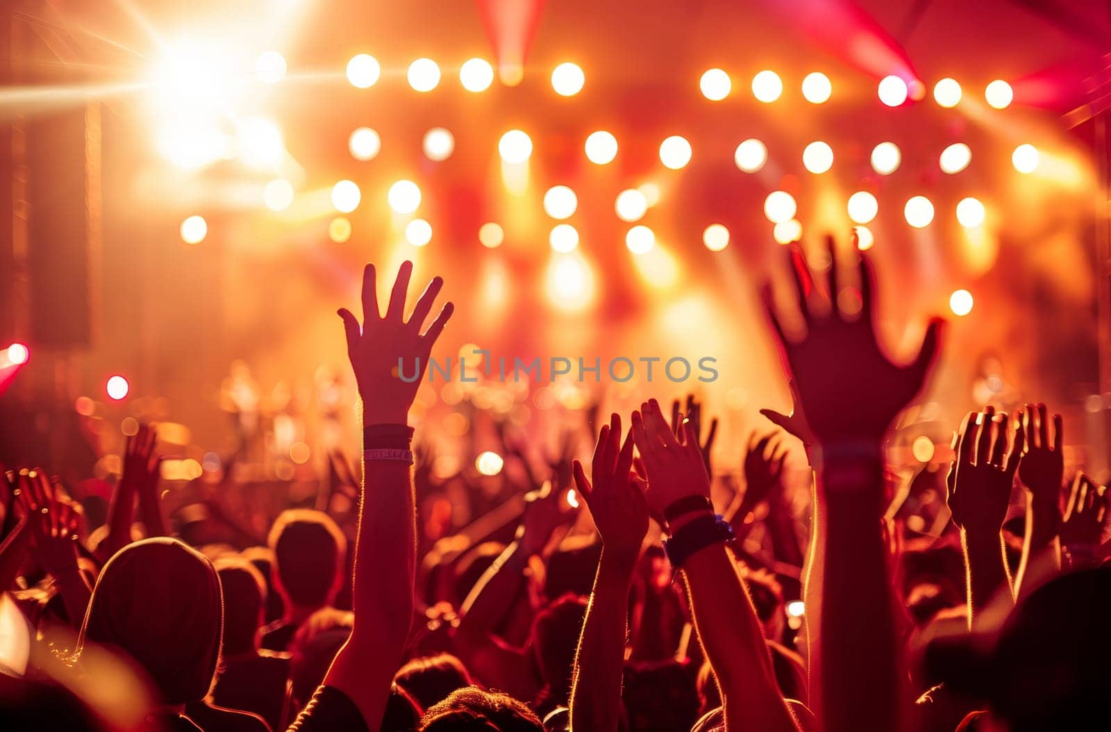 A crowd of people are at a concert, with their hands raised in the air by AI generated image.