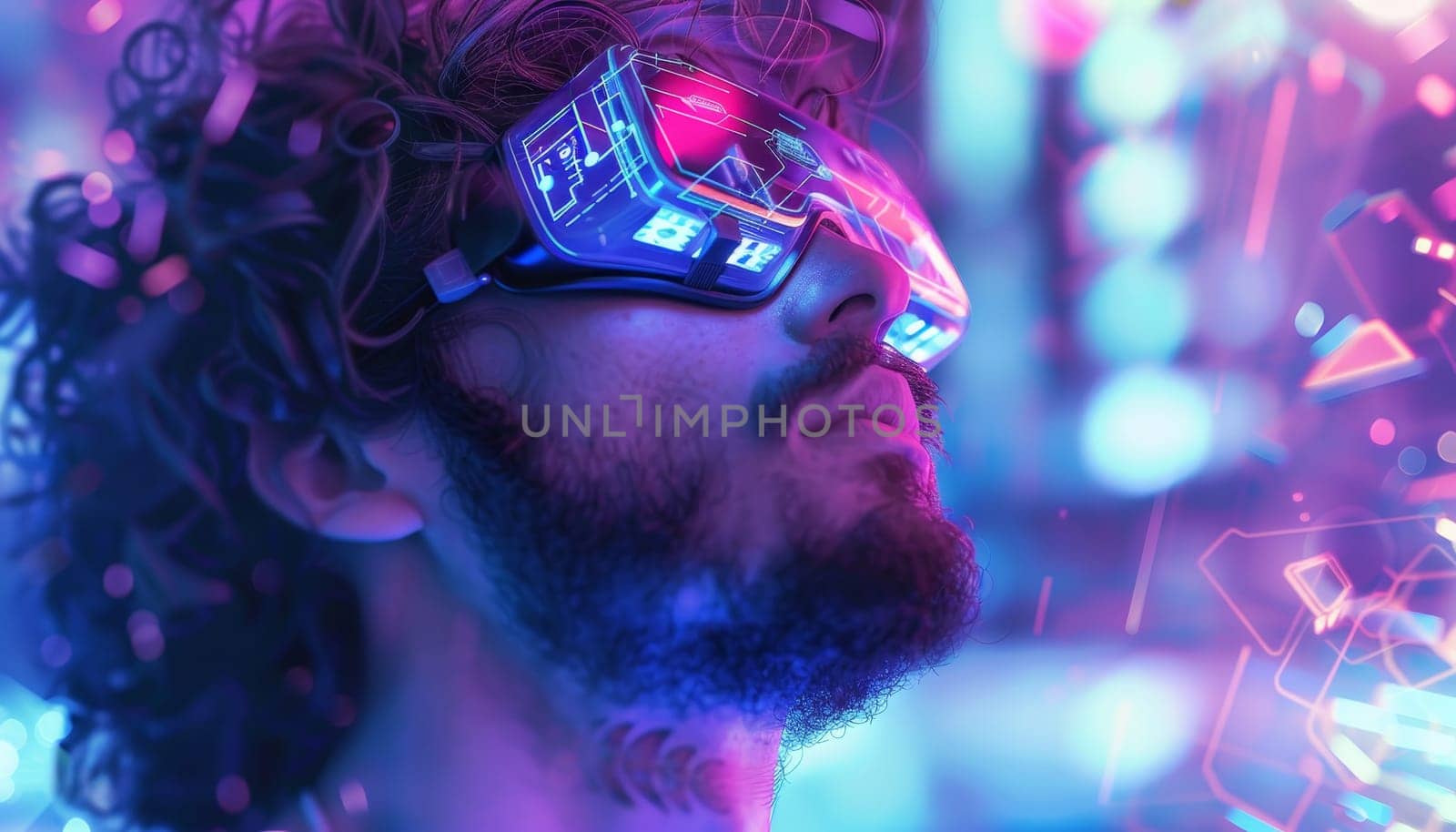 A man wearing glasses and a beard stands in front of a neon sign. The image has a futuristic and vibrant feel to it, with the neon sign adding to the overall atmosphere. The man's facial expression